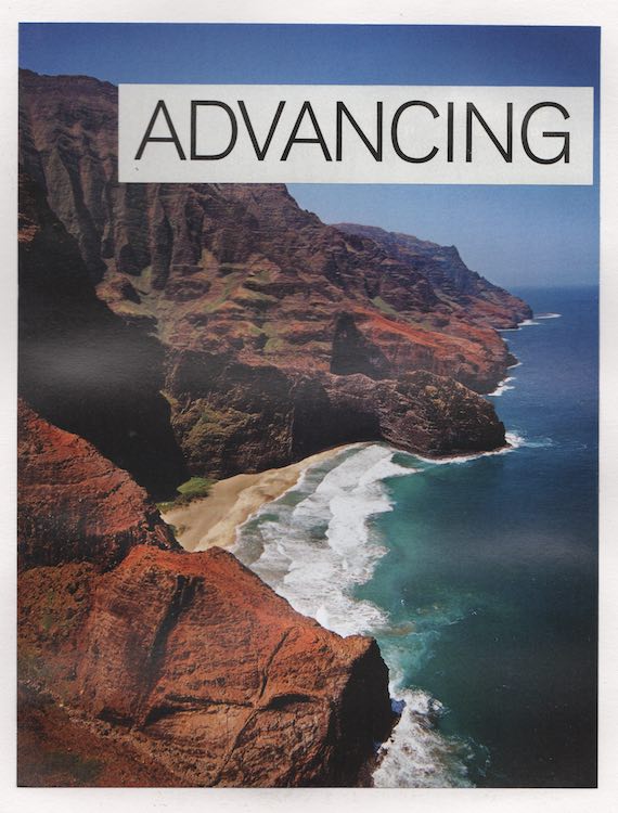A collage, the word "ADVANCING" is pasted over a photo of a dramatic tropical beach
