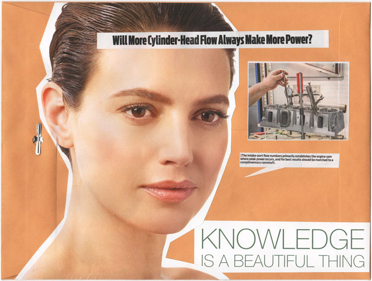 Collage of a woman's face with engine-building advice and text that says "Knowledge is a beautiful thing"