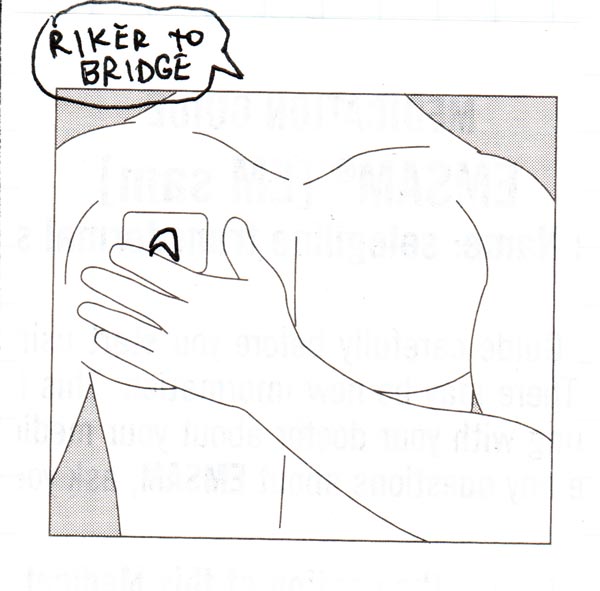 Line drawing of a man slapping a patch on his chest, the patch has a Starfleet logo drawn on it and a speech bubble says "Riker to Bridge"