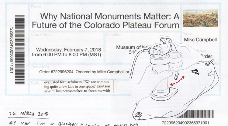 Collage of a ticket to an event called "Why monuments matter" and a line drawing of a water filter pumping into a water bag